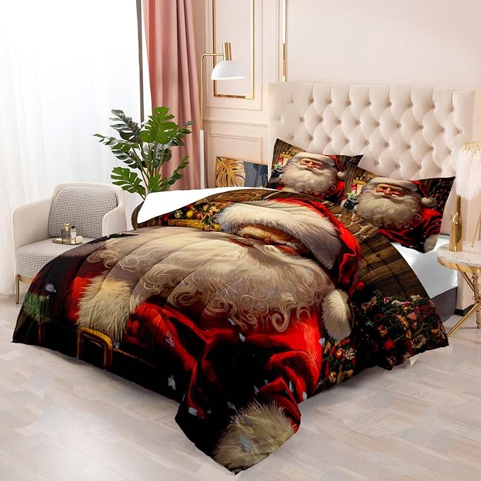 LUVIVIHOME 3PCS Christmas Comforter Set King Size, Funny Santa Claus Bedding, Teens Boys Girls Kids Bedding, Winter Holiday Happy New Year Merry Christmas Bedroom Decor, Xmas Gifts, 2 Pillow Cases