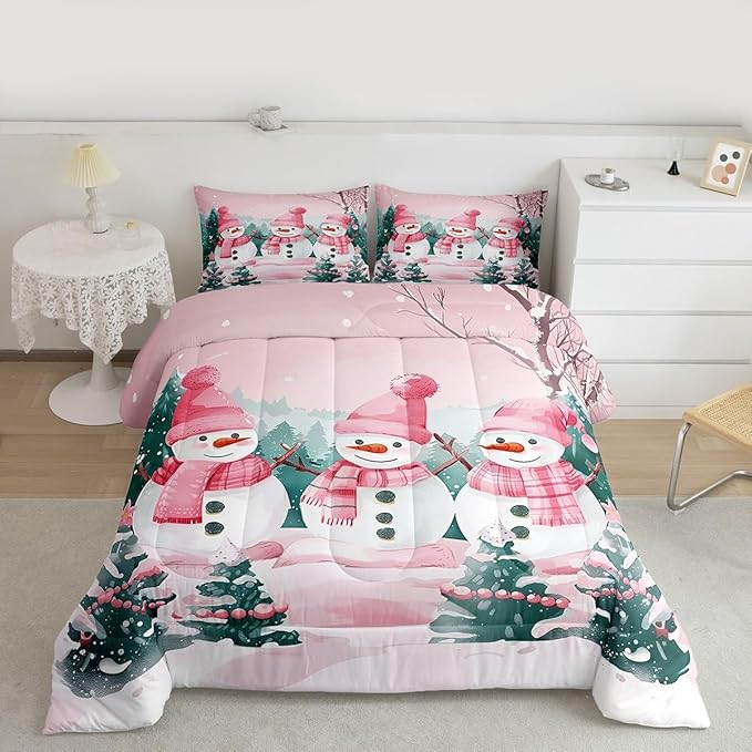 Feelyou Pink Christmas Kids Comforter Set King Size Merry Christmas Tree and Snowman Bedding Set Cute Snowman Duvet Quilt for Kids Boys Girls Bedroom Xmas Snowflake Decor Kawaii Ultra Soft Breathable