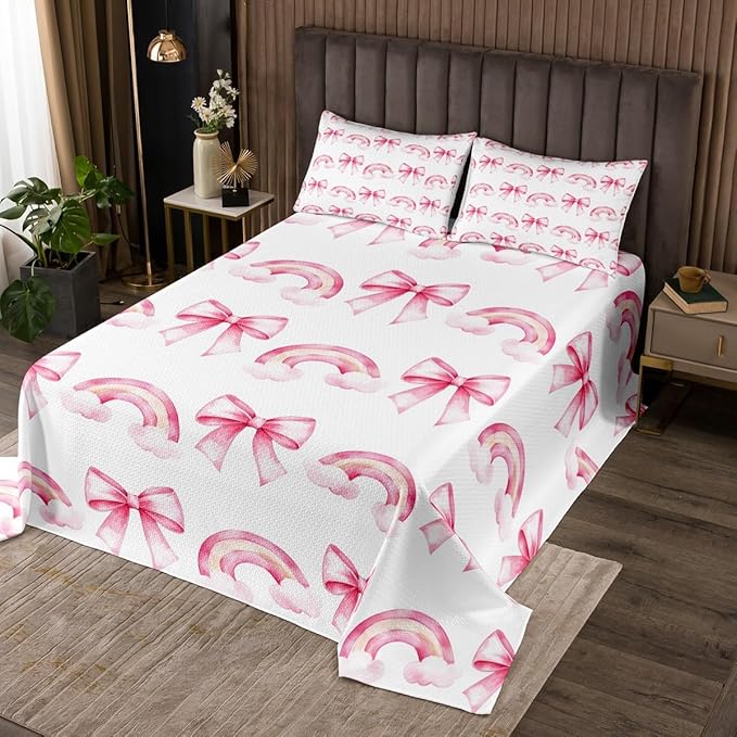 Manfei Pink Bowknot Princess Bedspread Twin Size,Rainbow Cloud Bow Tie Toddler Coverlet Set,Girls Women Room Decor,Bow Princess Tale Style Quilted Coverlet,Cartoon Dreamy Bedding Quilt,1 Pillowcase