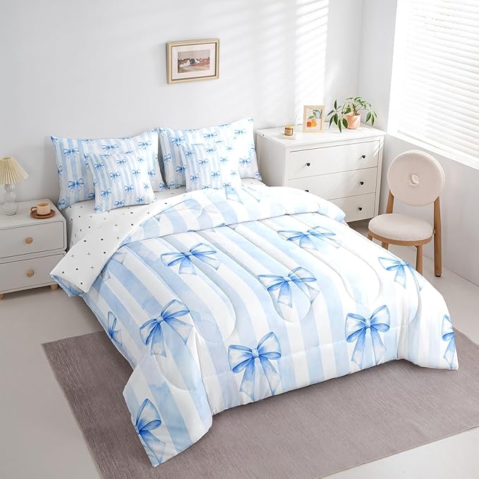 Manfei 7 Pieces Blue Bowknot Kids Girls Comforter Queen Size,Geometric Stripes Bow Tie Patch Dreamy Bedding Set,Butterfly Knot Princess Cute（Comforter+Fitted+Flat+2 Pillowcases+2 Throw Pillow Covers）