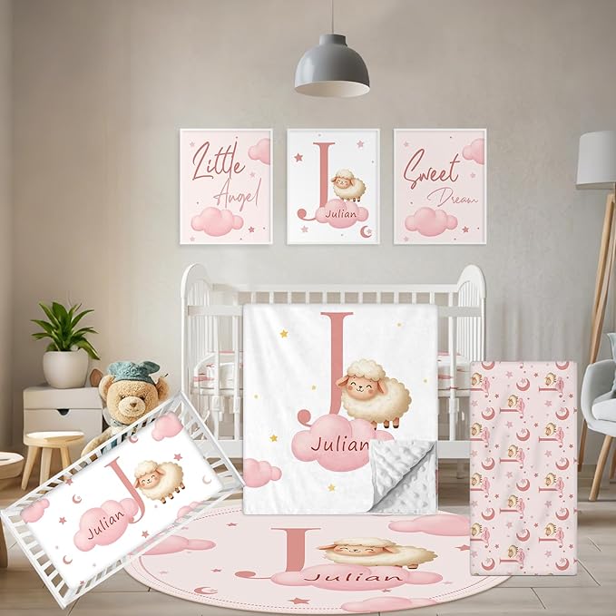 5 Piece Customized Crib Bedding Set for Baby Girls - Custom Name Baby Crib Pink Sheep Nursery Bedding Set with Soft Blanket, Fitted Sheet, Rug, Personalized Gifts for Toddler, Newborn, Infant