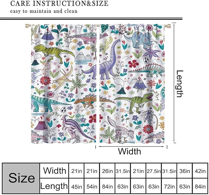 Dinosaur Curtains Cartoon Cool Funny Dino Tropical Plant Leaves Flowers Aesthetics Art Print for Kids Boys Bedroom Living Room Rod Pocket Decoration Window Drapes 2 Panels W31.5xL72in