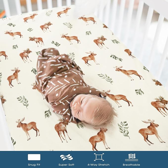 GRSSDER Stretchy Ultra Soft Jersey Knit Pack and Play Sheets 2 Pack, Portable/Mini Crib Sheets Universal Fitted for Playpen Mattress Safe and Snug, Cute Elk Animals Print