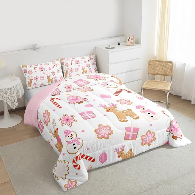 Feelyou Pink Christmas Comforter Set Full Size Snowman Deer Bedding Set for Kids Boys Girls Snowflake Duvet Quilt Bedroom Decor Microfiber 3 Pcs with 2 Pillow Cases