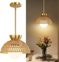 Rattan Pendant Light, 11.8" Hand Woven Boho Pendant Light Fixture with Milk Glass Globe, Gold Kitchen Pendant Lighting Over Island Adjustable Chandelier for Dining Room Hallway Foyer