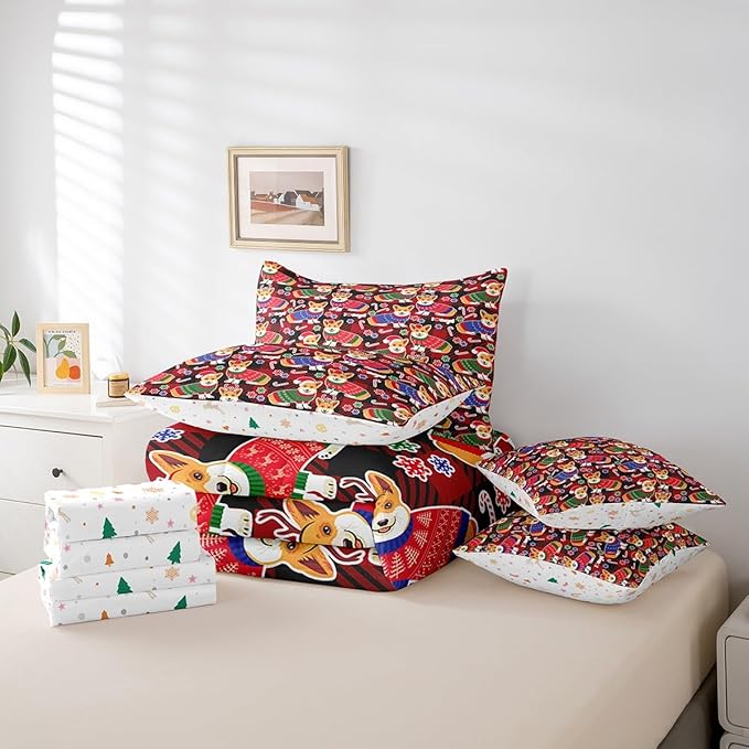 Feelyou Cute Dog Comforter Set with Sheets Cartoon Christmas Bed Set for Kids Boys Girls Merry Christmas Decor Bed in a Bag Red Geometric Lattice Bedding Set Bedroom Collection King Size
