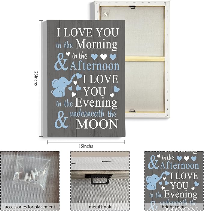 HIWX Baby Elephant Nursery Decor, I Love You In The Morning Sign Framed Canvas Painting Wall Art Decor, Elephant Wall Art, Baby Wall Art Home Decoration For Room Bedroom 14x16