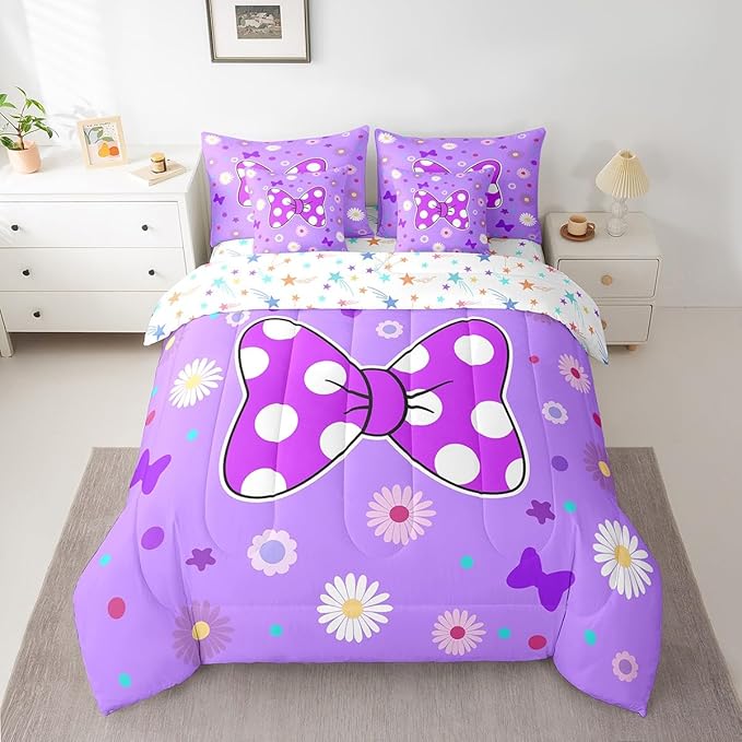 7 Pieces Purple Bowknot Kids Comforter Set King,Star Daisy Floral Geometric Dots Patch Bedding Set,Bow Tie Princess Cute Romantic（Comforter+Fitted+Flat Sheet+2 Pillowcases+2 Throw Pillow Covers）