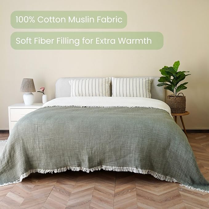 Christmas Muslin Comforter – Cotton Muslin Blanket with Soft Fiber Filling, Breathable & Cozy Muslin Throw Blanket, Reversible Holiday Quilt (Sage Gray, Queen (U.S. Standard))
