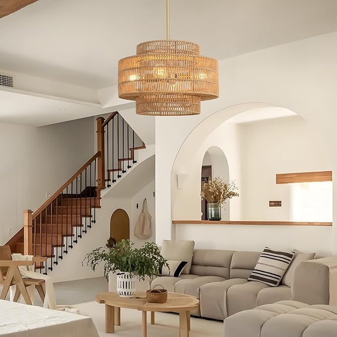 17.7”Boho Rattan Chandelier for Dining Room, 4-Light Hand Woven Pendant Light Fixture Farmhouse Rustic Ceiling Hanging for Kitchen Island Bedroom Living Room Nursery Foyer