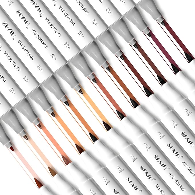 SFAIH Skin Tone Alcohol Markers Brush & Fine - 12 Dark Portrait Colors, Blendable & Refillable Permanent Art Markers for Adults/Teen/Artists/Creators & Illustrators