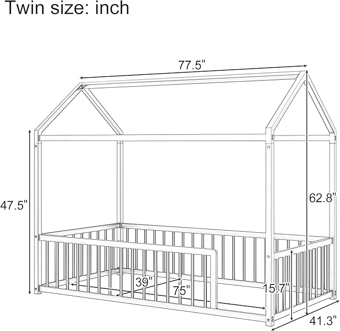 House Shape Twin Size Montessori House Bed Metal Floor Bed Twin Bedframe for Kids No Box Spring Needed, White