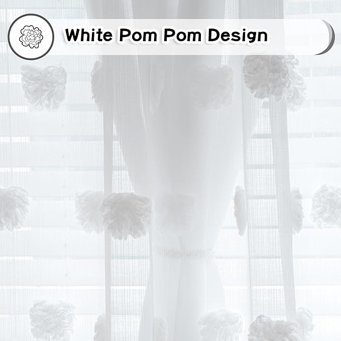 MYSKY HOME White Curtains for Living Room 90 Inches Long Nursery Curtains for Bedroom Double Layer Curtains White Pom Pom Sheer Curtains for Dining Room Grommet Room Darkening Window Panels W52 X L90