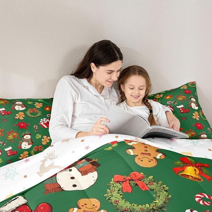 jejeloiu Merry Christmas Comforter Set Queen Size Cute Snowman Bedding Set for Kids Boys Girls Gingerbread Man Duvet Quilt Green Bedroom Decor