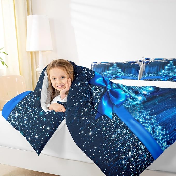 Merry Christmas Kids Comforter Set Twin Size,Snowflake Christmas Tree Bowknot Bedding Set,Girls Boys Adults Xmas Decor,Blue Gradient Line Glitter Down Comforter,Romantic Duvet Insert,1 Pillowcase