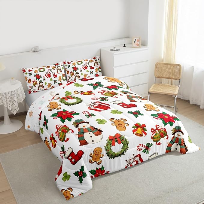 jejeloiu Merry Christmas Comforter Set Full Size Cute Snowman Bedding Set for Kids Boys Girls Gingerbread Man Duvet Quilt White Bedroom Decor