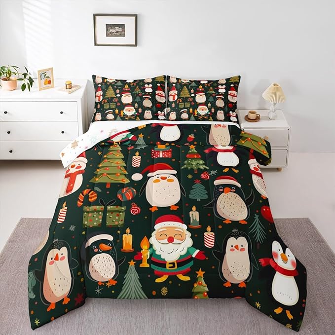 Feelyou Christmas Bedding Set Soft for Boys Girls, Penguin Santa Comforter Set Toddler Size Xmas Tree Snowflake Duvet Quilt Microfiber New Year Gift Bedroom Decor 2 Pcs with 1 Pillow Cases