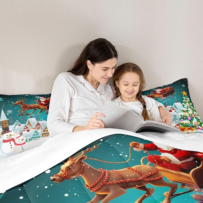 Manfei Christmas Comforter Set King Size, Xmas Tree Snowman Bedding Set 3pcs for Kids Boys Girls Room Decor, Santa Claus with Reindeer Quilt Set New Year Theme Duvet Set with 2 Pillowcases
