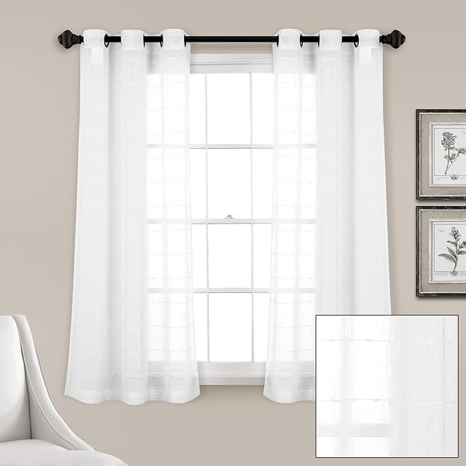 Lush Decor Farmhouse Textured Grommet Sheer Window Curtain Panel Pair, 38"W x 63"L, Bleach White