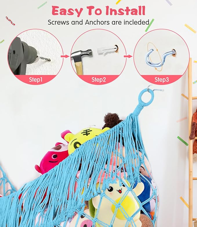 Stuffed Animal Hammock - Extra Large 63'' Long, Stuffed Animal Storage, stuffed animal Holder net, Toy Hammock Large, Toy Storage Hanging Organizer - Blue
