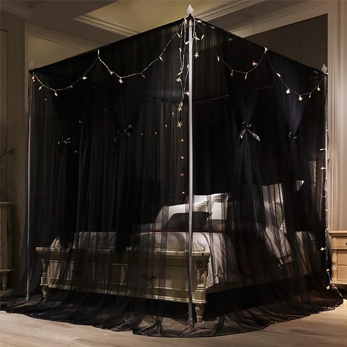 VETHIN 4 Corners Post Princess Bed Canopy Curtain Double Layer Cozy Drape Netting 4 Opening Mosquito Net for Girls & Adults Bedroom Decoration Accessories (Double Black, 78" W*86" L*82"*H/(King))
