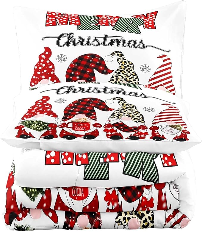 LUVIVIHOME 3PCS Merry Christmas Comforter Set Full Size, Cute Gnome Bedding, Red Buffalo Plaid Striped Holiday New Year Xmas Bedding, Boys Girls Teens Kids Bedroom Decor, White Quilt, 2 Pillow Cases