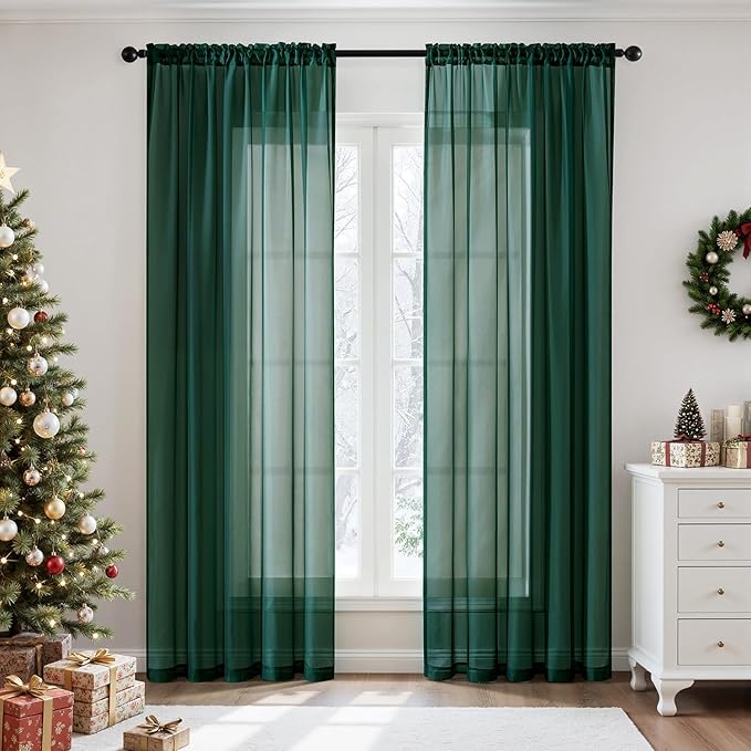 MIULEE 2 Panels Christmas Solid Color Sheer Window Curtains Elegant Window Voile Panels/Drapes/Treatment for Bedroom Living Room (54X63 Inches Hunter Green)