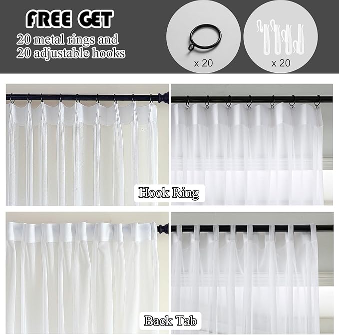 White Sheer Curtains 102 Inch Long 2 Panels Custom, Thin Textured Linen Look Window Sheers, Pinch Pleated Drapes for Living Room, Sliding Glass Door Curtain with Rings & Hooks & Back Tab