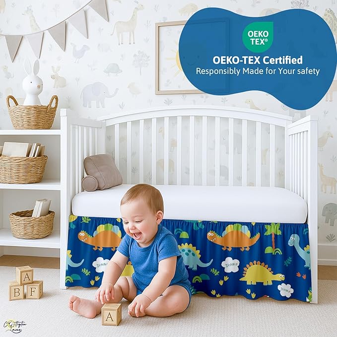 Cottington Lane Crib Skirt Dust Ruffle, 100% Natural Cotton, Soft, Durable Nursery Crib Toddler Bedding Skirt for Baby Girls or Boys, Fits Standard Cribs 28" x 52" with 14" Drop, Blue Dinosaur
