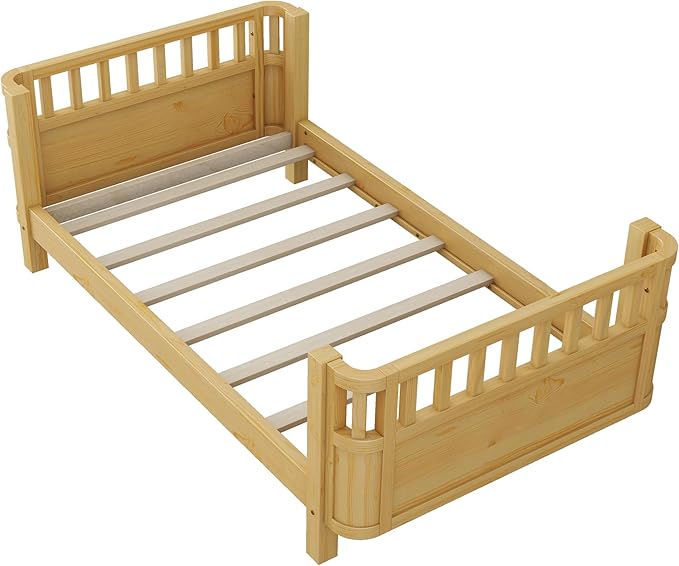 Twin Kids Platform Bed Frame with Rails, Wood Low Montessori Bed with Slats Support, Modern Daybed with Detachable Side Rails, Kids Beds for Boys Girls Bedroom, Natural