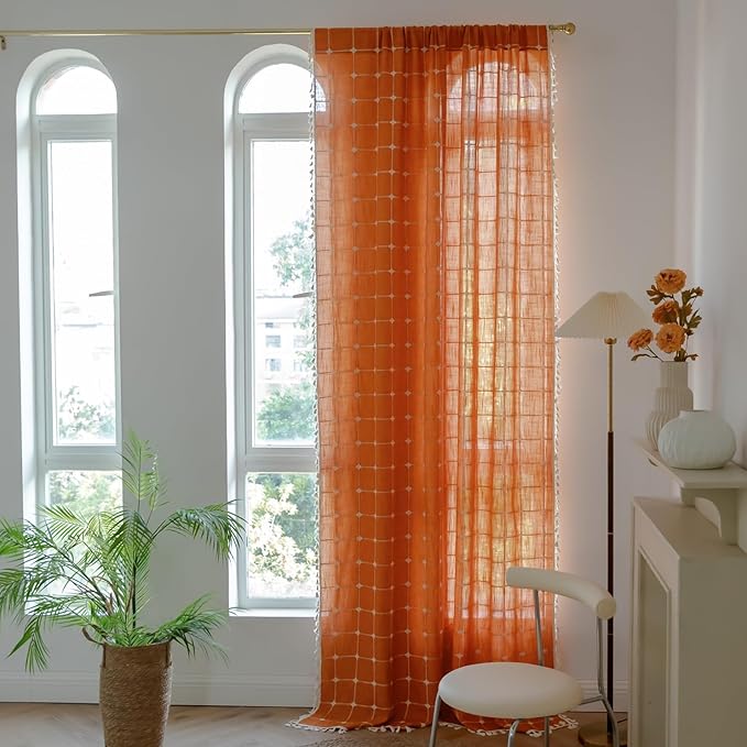 Deeprove Boho Curtains 63 Inches Long for Bedroom Living Room, Cotton Linen Plaids Textured Semi Blackout Bohemian Farmhouse Fall Window Treatment Grids Drape Tassels, 1 Panel W52 x 63, Burnt Orange