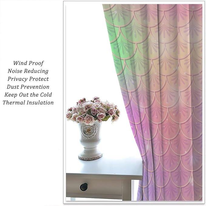 Mermaid Curtains, Kids Cartoon Watercolor Sea Animals Mermaid Princess Scales Pattern Print Living Room Decoration for Kids Girls Bedroom Nursery 63x72 Inch