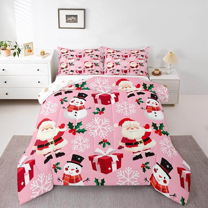 jejeloiu Merry Christmas Comforter Set Queen Size Xmas Santa Claus Bedding Set for Kids Boys Girls Cute Snowman Duvet Quilt Pink Bedroom Decor