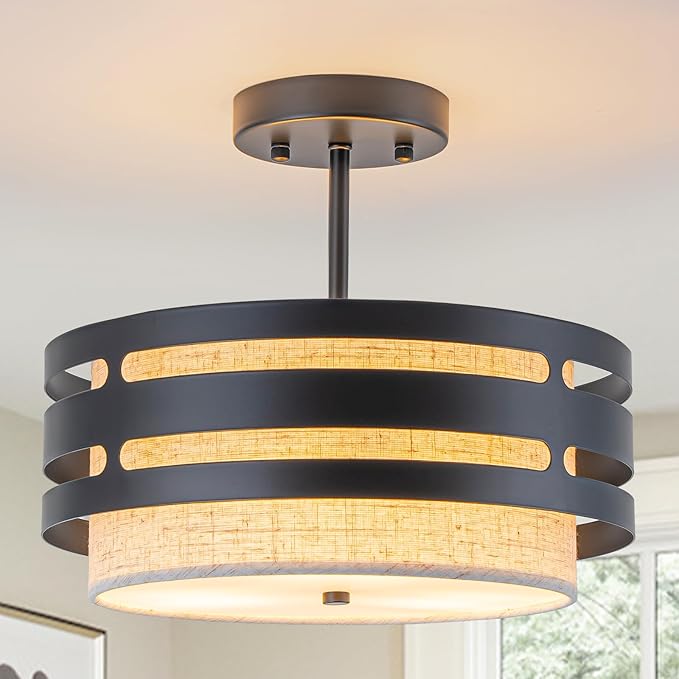 12.6” Drum Semi Flush Mount Ceiling Light Fixture 3-Light Black Fabric Ceiling Lights with Linen Shade, Farmhouse Close to Ceiling Lighting for Bedroom Hallway Kitchen Entryway Foyer Dining Room