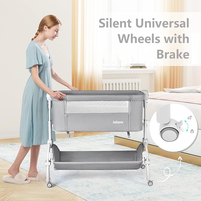 INFANS 3 in 1 Baby Bassinet, Bedside Sleeper, Rocking Cradle, Easy Folding Portable Safer Co-Sleeping Crib with Height Adjustable, Wheels Storage Basket Travel Bag for Infant Newborn (Gray)
