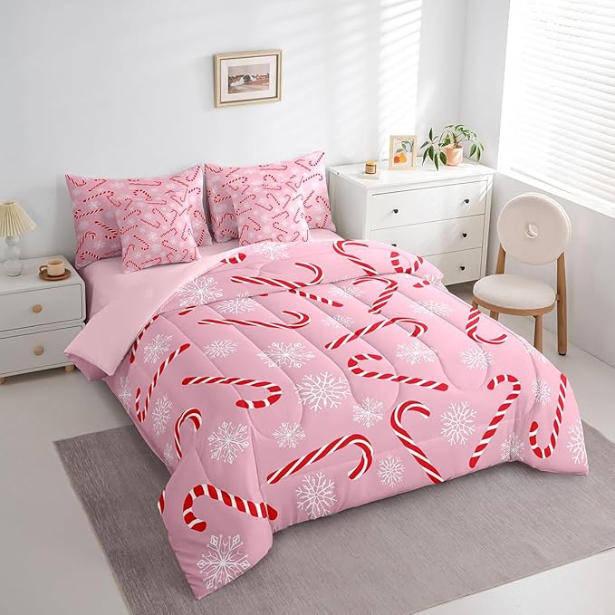 Erosebridal Xmas Candy Cane Full Bedding Set 7 Piece,Merry Christmas Bed in A Bag for Kids Boys Girls,White Snowflake Comforter Set Pink Christmas Ornaments Sheet Set with Comforter