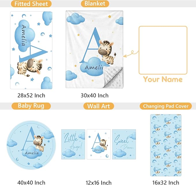 5 Piece Customized Crib Bedding Set for Baby Boys - Custom Name Baby Crib Blue Zebra Nursery Bedding Set with Fitted Sheet, Soft Blanket, Rug, Personalized Gifts for Newborn, Toddler, Infant