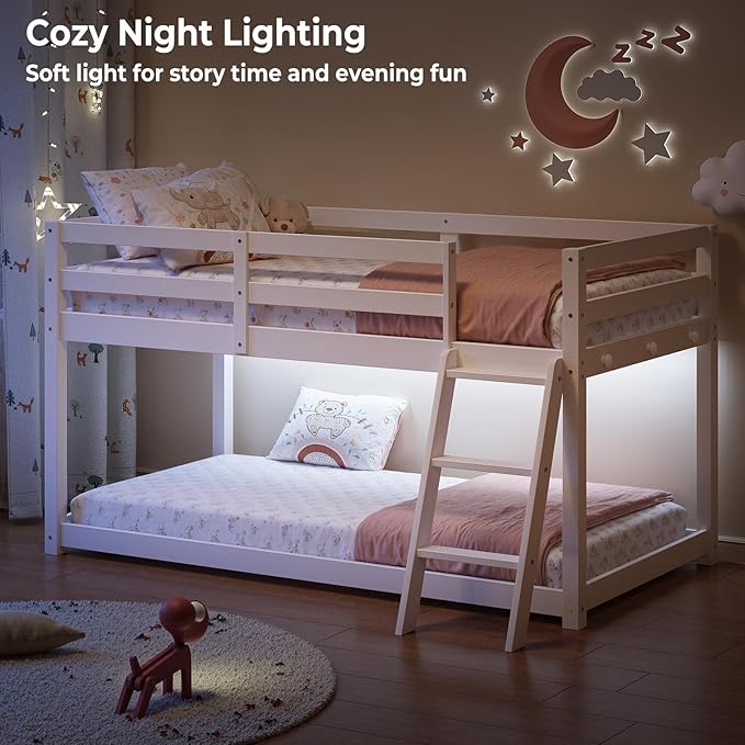Vantic Floor Bunk Bed with LED Light, Low Bunk Bed with Wide Stairs, Convertible Soild Wooden Toddler Bunk Bed with 6 Hooks, Space-Saving, White