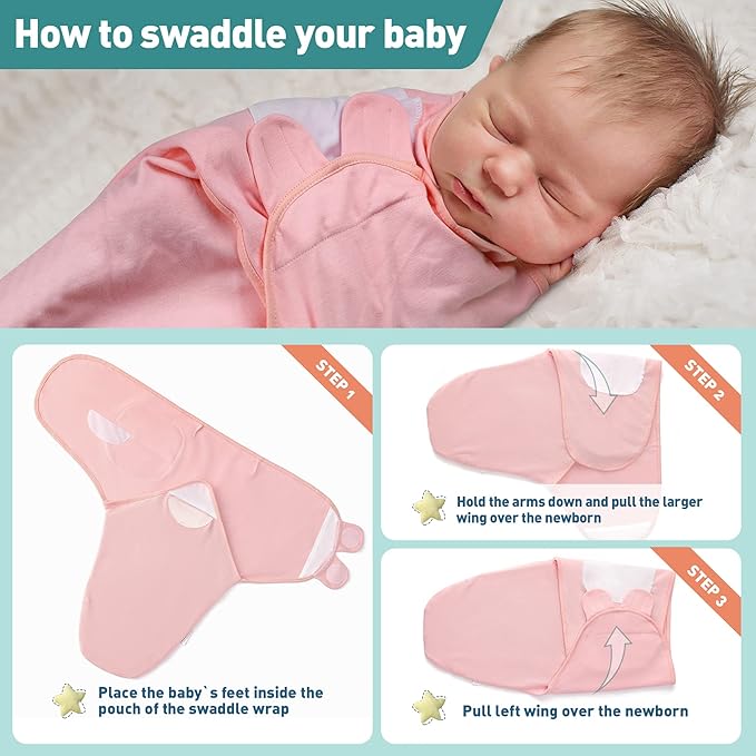 GLLQUEN BABY Swaddle Blankets for Baby Girls, Orange Pink Feather & Wave Point, 3 Pack Wrap Set, Newborn Adjustable Swaddles Sleep Sack, 0-3 Months (Small/Medium)