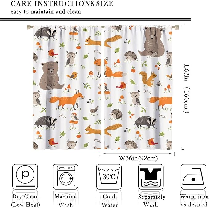 Forest Animal Curtains for Kids, Cartoon Safari Woodland Animals Window Treatments Cute Wild Jungle Bear Fox Deer Bear Window Drapes for Girls Boys Nursery Toddler Bedroom 72x63in