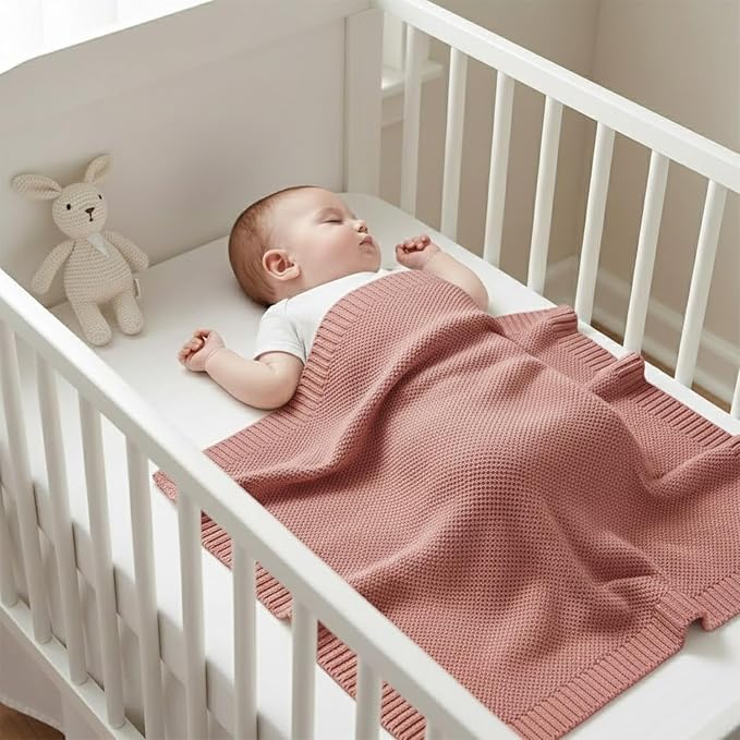 Baby Knit Blanket Soft Cotton Lightweight Newborn Blanket for Crib Stroller Toddler Nursery Shower Gift Cozy Breathable Travel Swaddle Wrap Rose Pink 36 x 28 Inches
