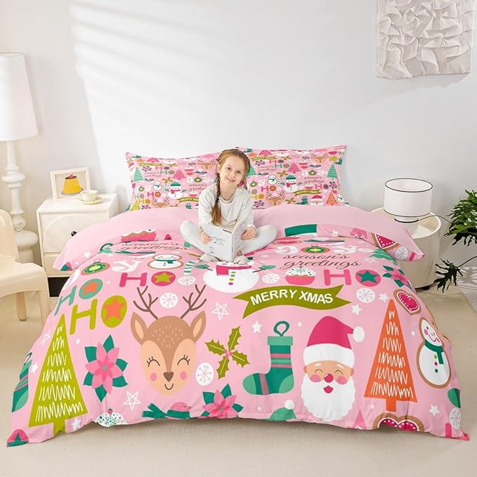 Feelyou Kids Pink Merry Christmas Bedding Set Toddler Merry Christmas Tree and Snowman Duvet Cover for Bedroom Decor Xmas Comforter Cover Set Snowflake Holiday Bedspread Cover with 1 Pillow Case