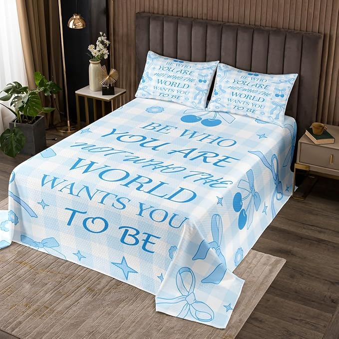Blue Bowknot Bedspread King Size,Cartoon Cherry Stars Daisy Flowers Princess Coverlet Set,Girls Women Room Decor,Bow Geometric Plaids Patchwork Quilted Coverlet,Dreamy Bedding Quilt,2 Pillowcases