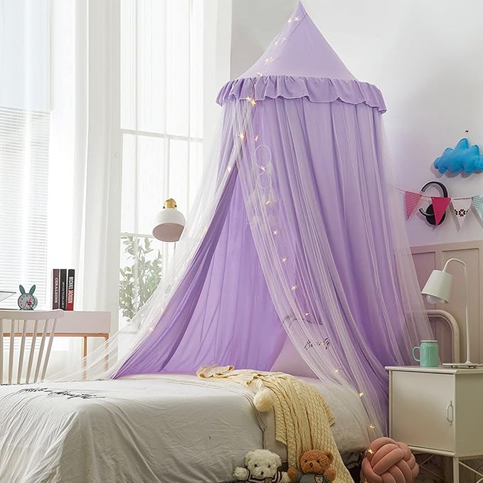 Bed Canopy for Girls, Double Layer Dome Mosquito Net Princess Canopy for Girls Bed Room Decor Reading Nook (Purple)