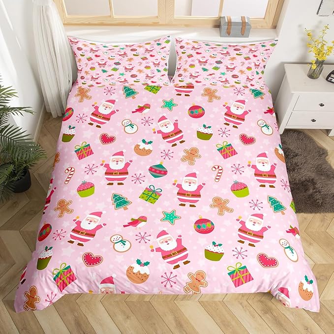 Manfei Christmas Duvet Cover Set Queen Size, Santa Claus Xmas Trees Snowflake Comforter Cover with 2 Pillowcases, New Year Pink Bedding Set 3pcs for Kids Girls Lightweight Bedspread Cover,No Comforter