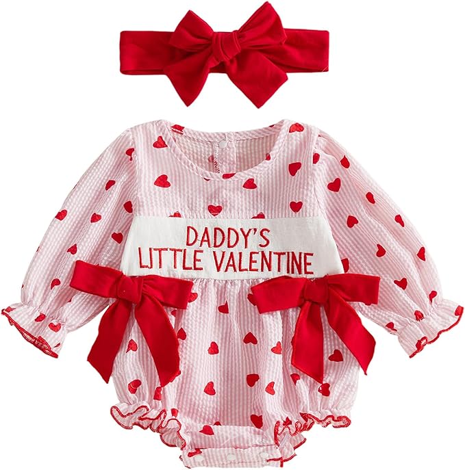 Amiblvowa Baby Girl Valentines Day Outfit Embroidery Love Heart Smocked Bubble Romper Bodysuit Cute Infant Newborn Clothes