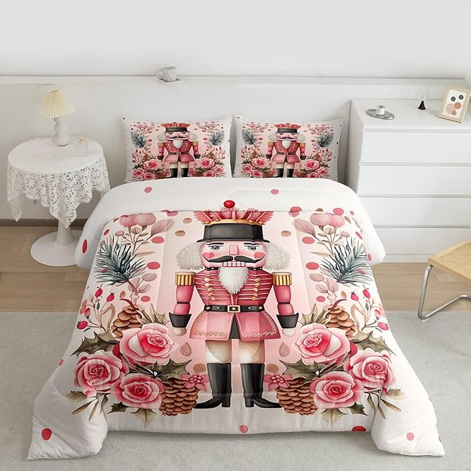 Feelyou Christmas Decor Nutcrackers Comforter Set All Season Pink Christmas Bedding Set with 2 Pillow Cases Funny Nutcracker Kids Full Bedclothes Rose Decor Berries Duvet Quilt Soft Lightweight