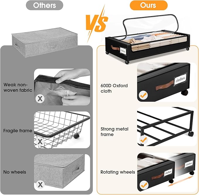 Under Bed Storage with Wheels 2Pack Storage Containers with Clear Window&Label Under Bed Drawers Rolling Under Bed Storage for Clothes,Shoes, Blankets (30.71 x 16.93 x 6.69 in, Black)