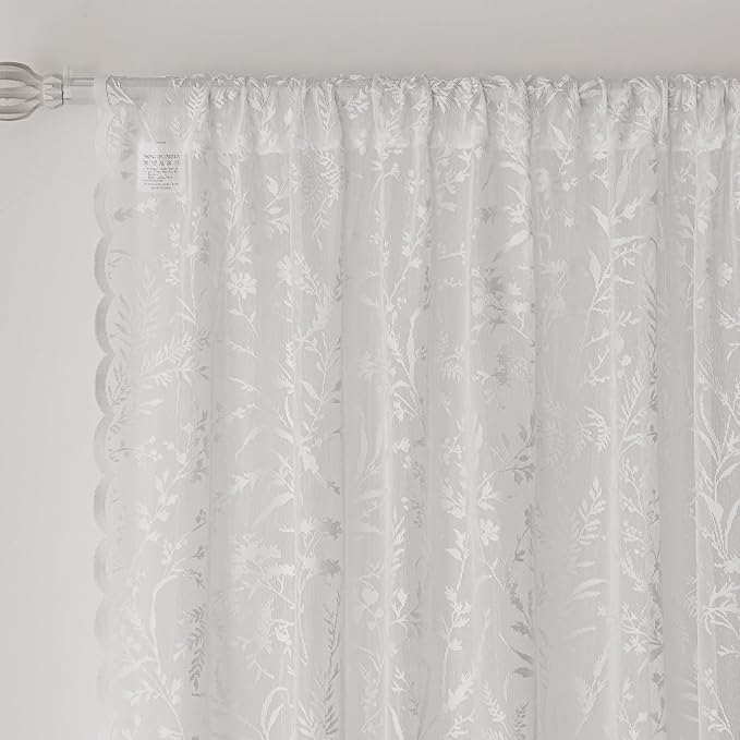 Anmao Vintage Lace Curtains 84 Inches Long 2 Panels Set, Romantic Elegant Light Filtering Semi Sheer Floral Thick Lacy Curtain Drapes for Living Room and Bedroom, Each Panel 55W x 84L, White Leaves