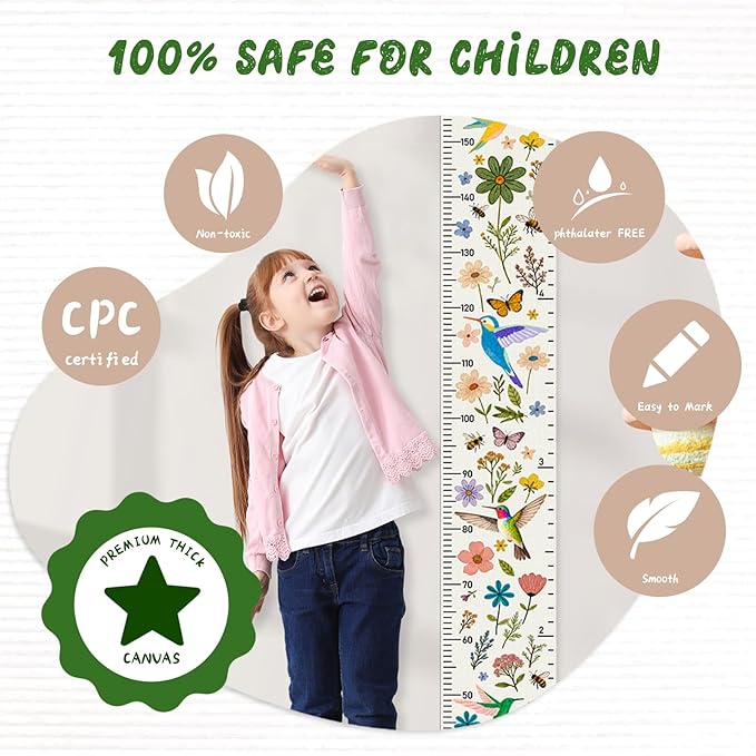Personalized Name Height Chart for Kids, Kids Growth Chart for Wall, 59" X 7.9" Canvas Removable Height Chart Measuring Ruler for Kids & Baby(Painted Birds and Flowers）